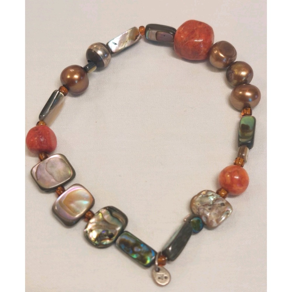 Retired Silpada Stretch Bead Bracelet Coral Pearl Sterling Tuscan Sun Boho Beach